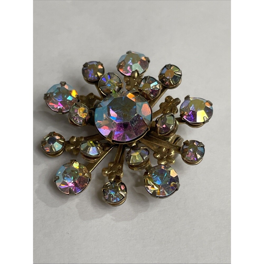 ✨ Vintage Rhinestone Brooch Stacked Snowflake Starburst Colorful Estate Jewelry